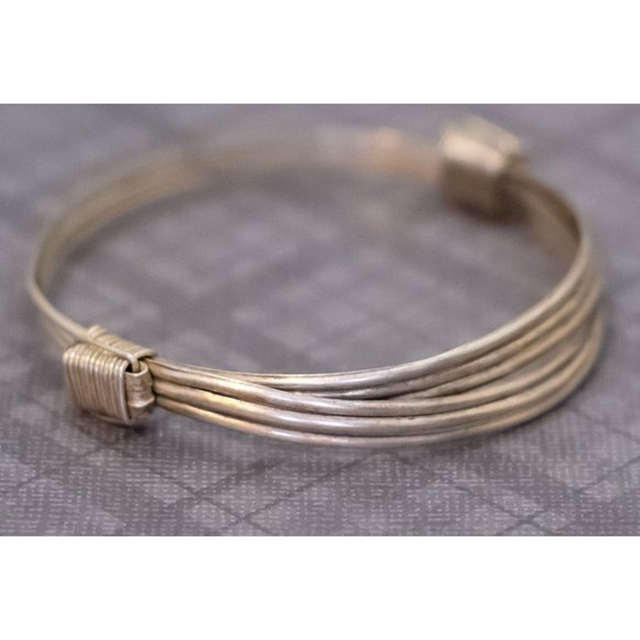 7 inch, Vintage Stylish Lines Sterling Silver Double Band Bangle Bracelet, G48 - Picture 2 of 3